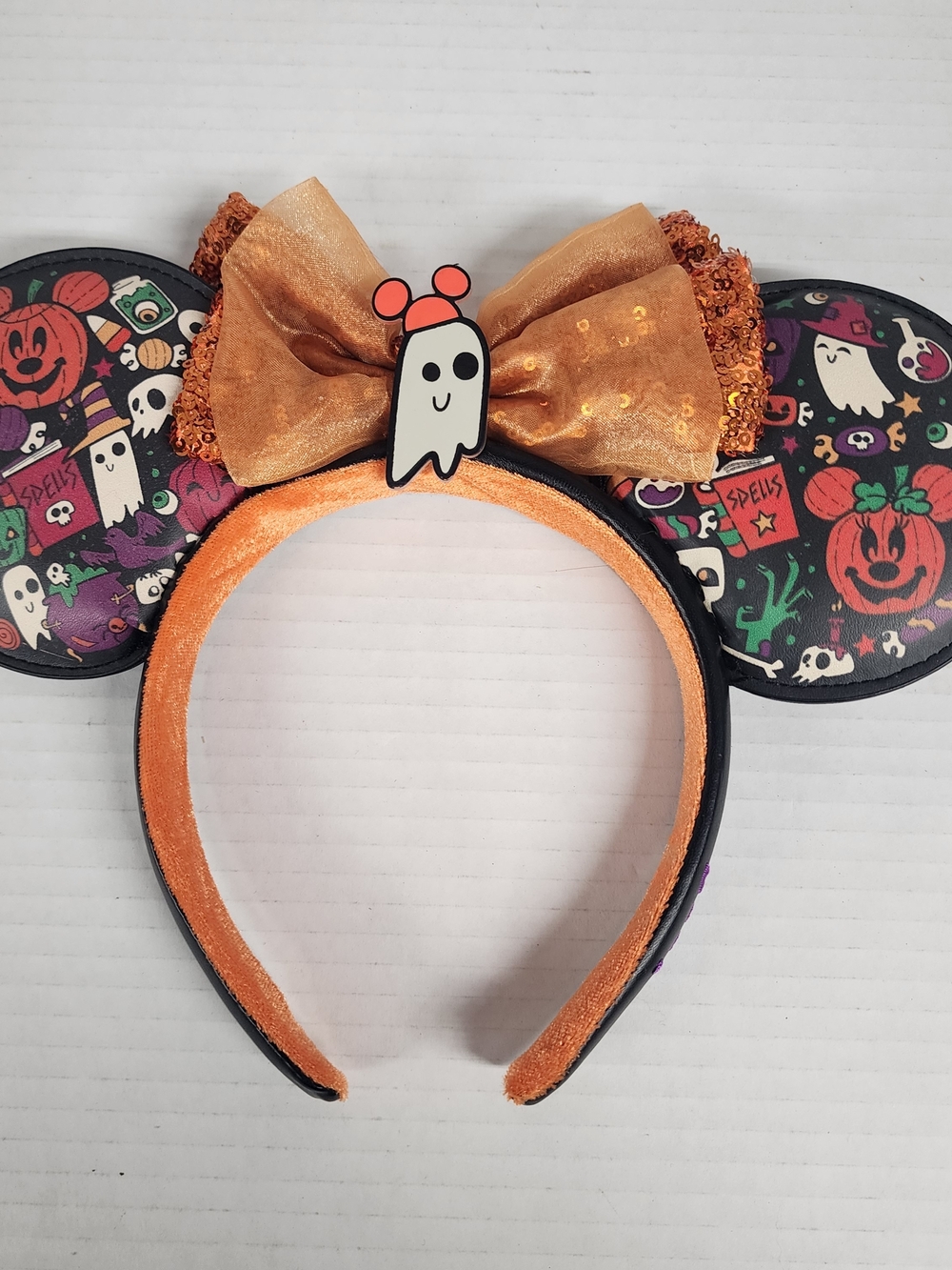 Disney Parks Minnie Mouse Halloween Ghost Ear Headband Orange Black Boo Sequin
